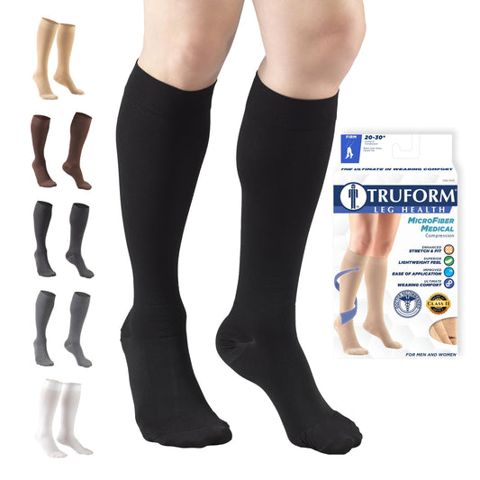 Truform medias rodilla frente y empaque mostrando diseño y beneficio de soporte