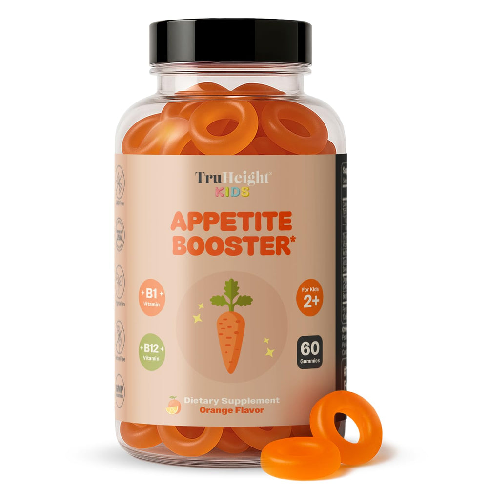 TruHeight gomitas frente del paquete mostrando sello de ingredientes naturales y beneficio apetito
