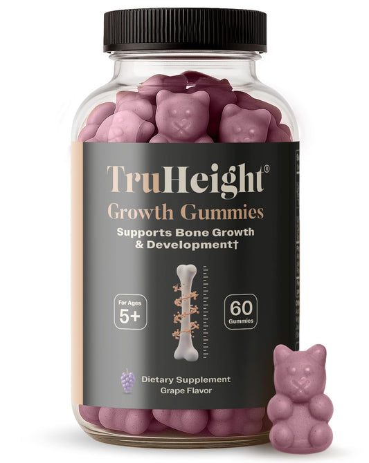 TruHeight envase frontal mostrando gomitas y sabor uva, facilidad para niños