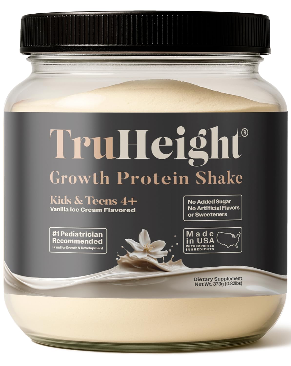 TruHeight envase frontal del batido de vainilla con diseño claro y llamativo, beneficio: aporte nutritivo