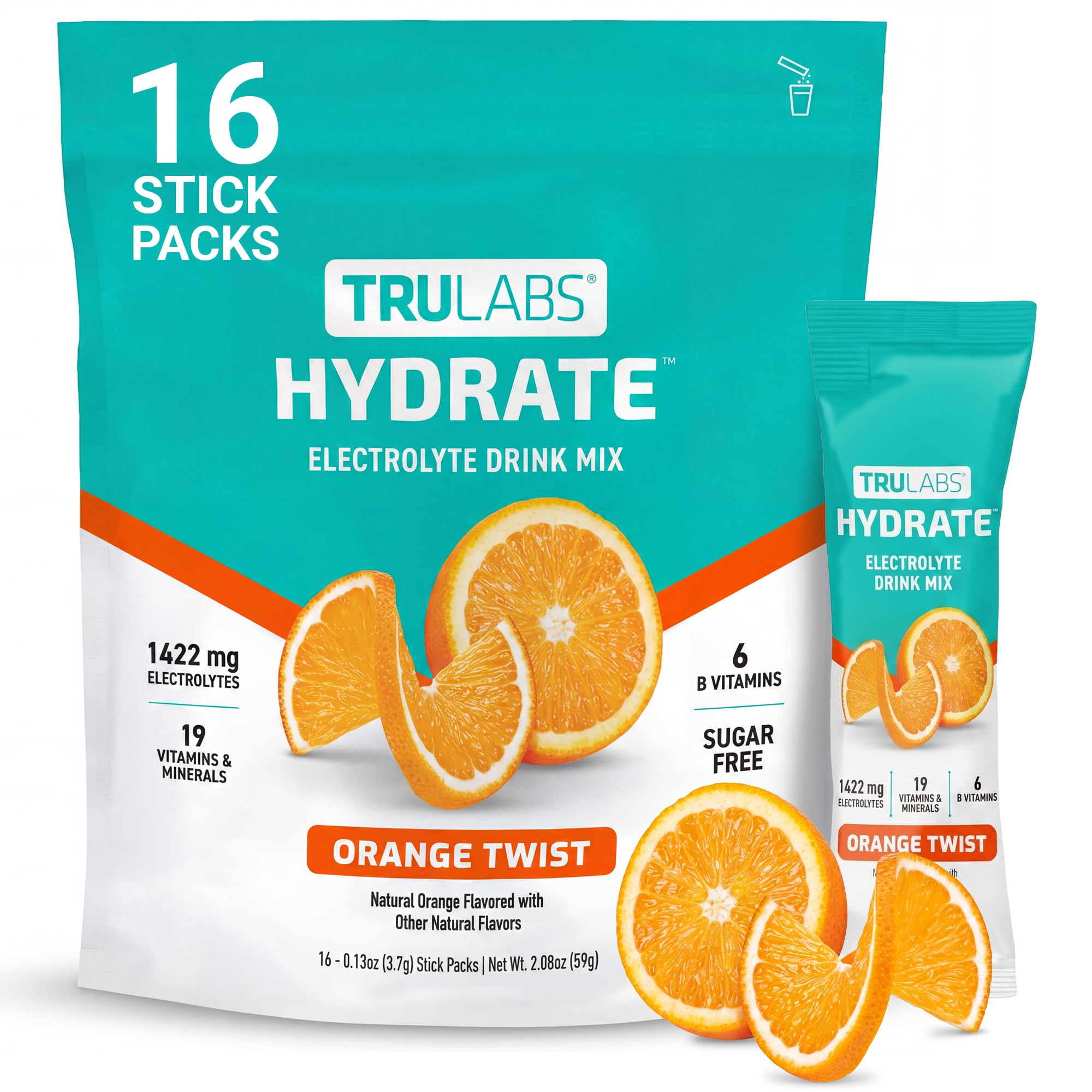 TRULABS empaque frontal sabor Orange Twist mostrando sticks y beneficios