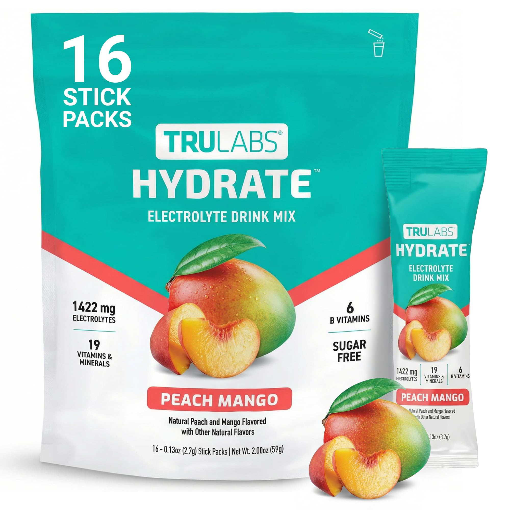 TRULABS frente del empaque mostrando sabor durazno-mango y beneficios