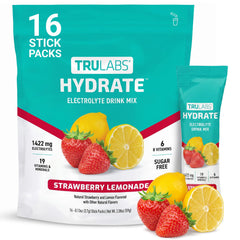 TRULABS envase frontal mostrando sobres y sabor fresa limón, práctico y claro