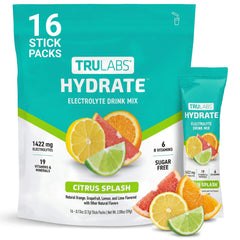 TRULABS empaque frontal Citrus Splash mostrando beneficios de electrolitos
