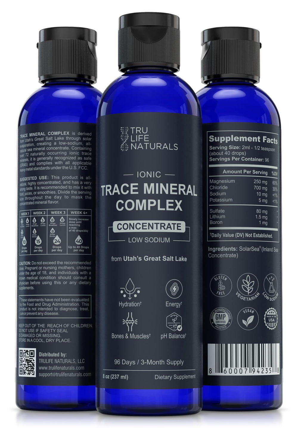 TRULIFE NATURALS etiqueta con información de minerales y beneficios