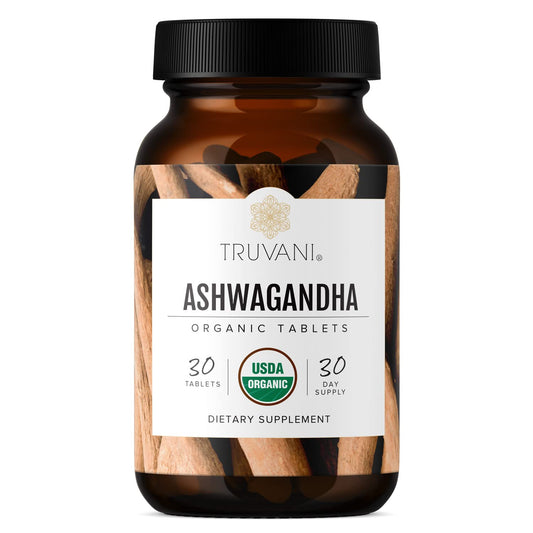 Truvani ashwagandha orgánica, frasco para energía diaria y bienestar.