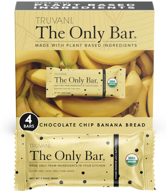 Barras Truvani basadas en plantas con chispas de chocolate y pan de plátano, snack proteico.