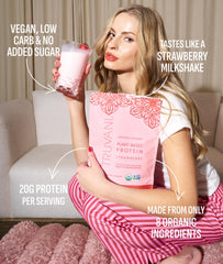 Truvani batido de fresa en vaso listo para beber con beneficio nutritivo