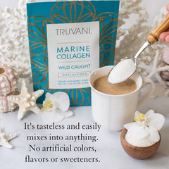 Truvani colágeno marino junto a objetos para comparar tamaño del envase práctico