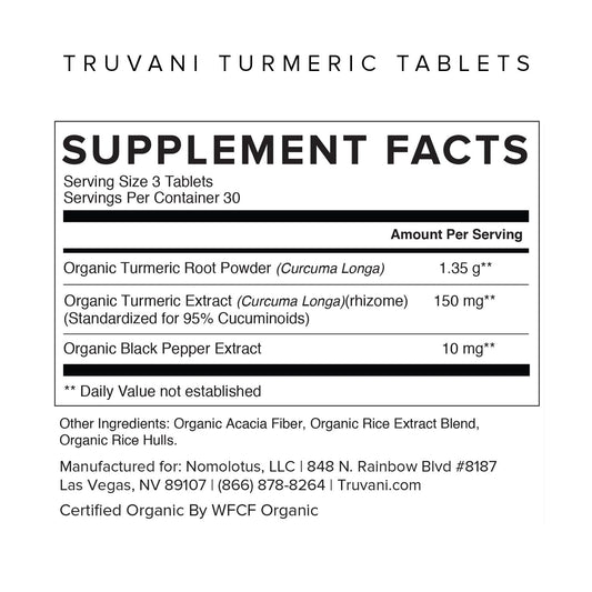 Etiqueta orgánica de Truvani Cúrcuma Curcumina con certificación de calidad.