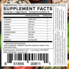 Empaque de Truvani enzimas digestivas, detalle de etiqueta.