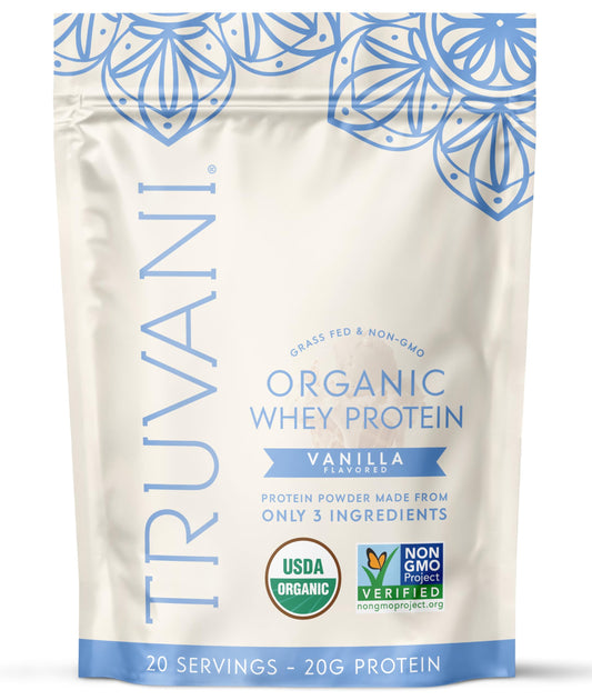 Truvani envase frontal de whey vainilla mostrando diseño limpio y orgánico