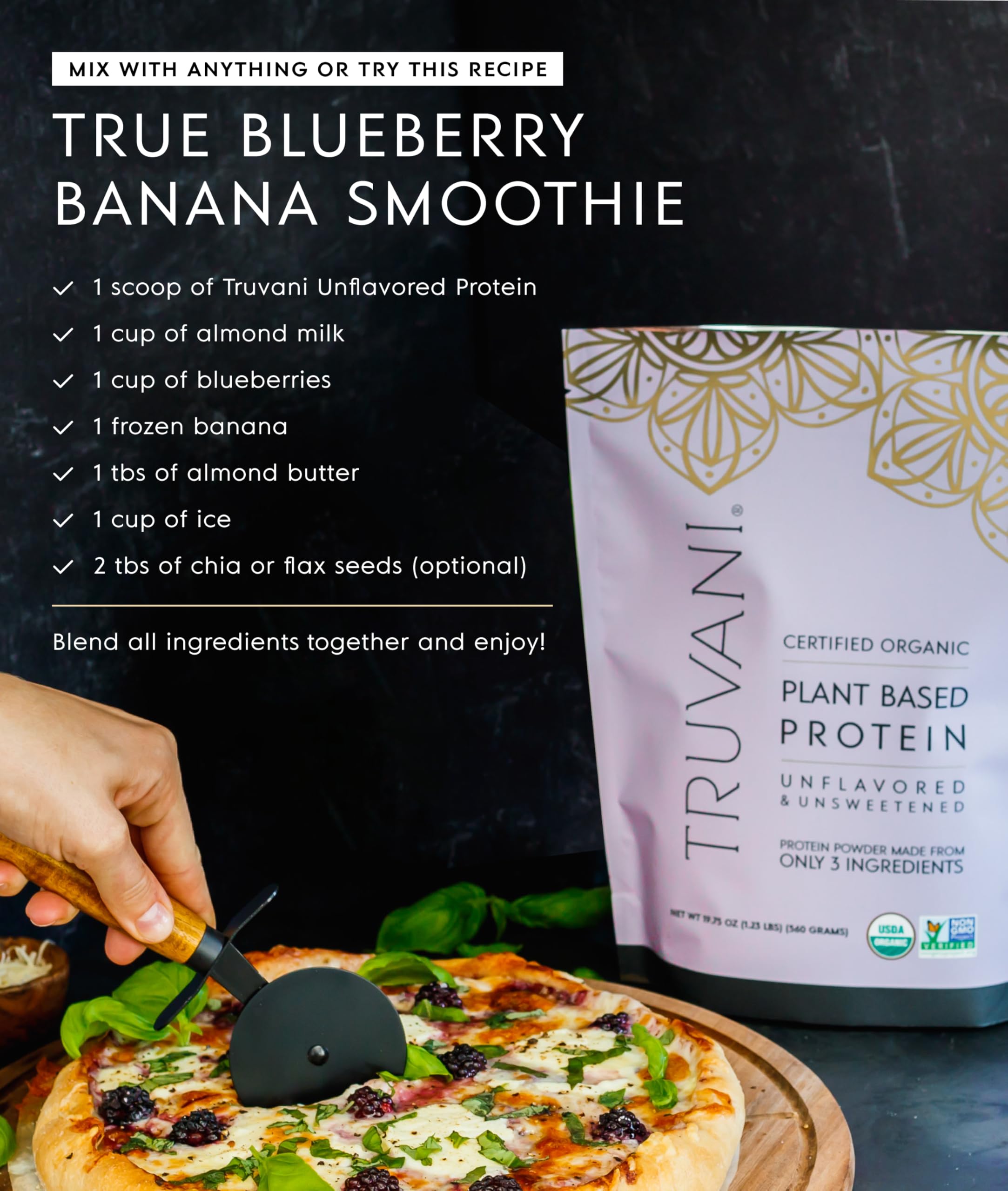 Truvani etiqueta nutricional enfocada para claridad de ingredientes y certificaciones