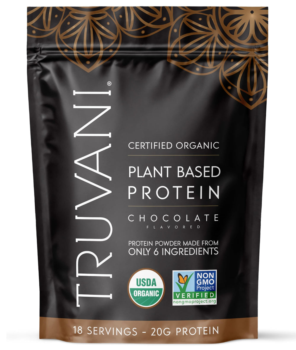 Truvani empaque frontal mostrando sabor chocolate y confianza orgánica