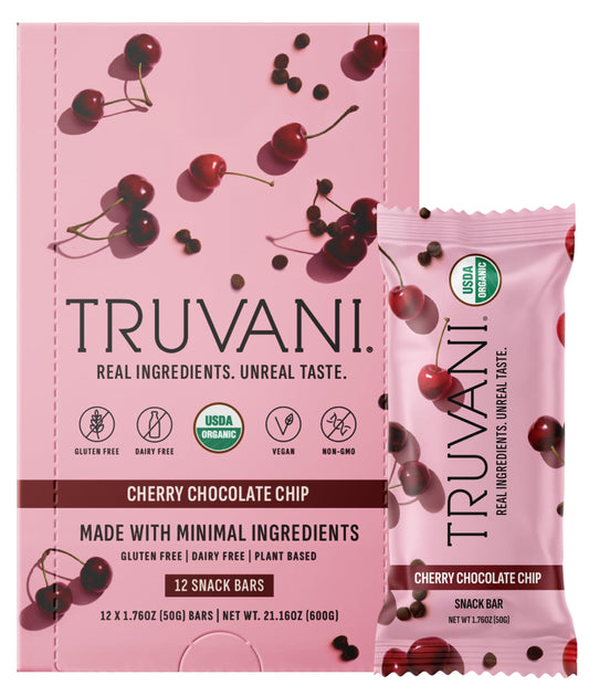 Truvani frente del empaque mostrando sabor cherry chocolate y conveniencia