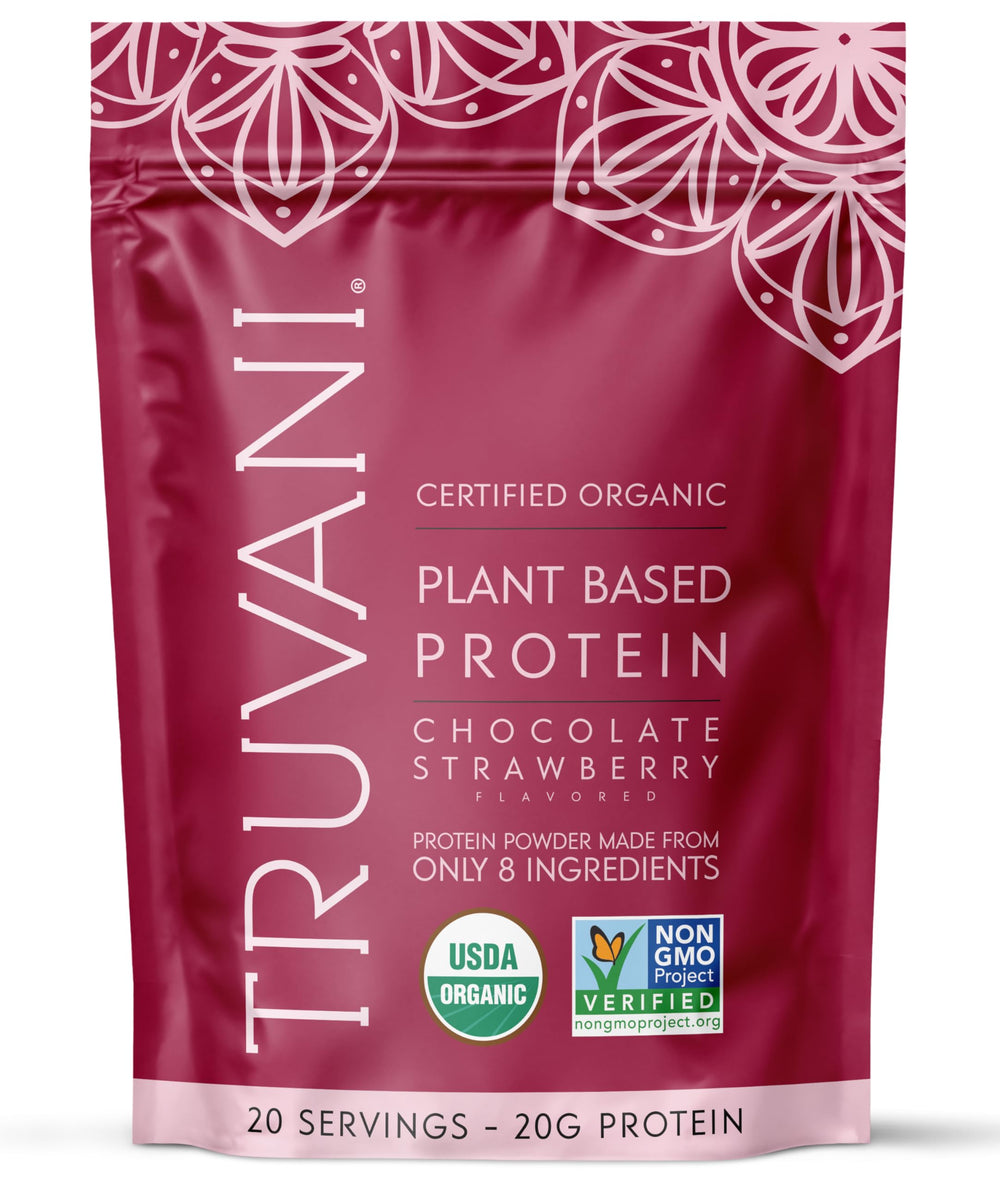 Truvani envase frontal chocolate fresa mostrando sello orgánico y claridad de ingredientes