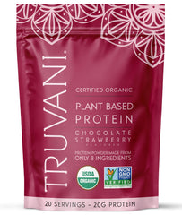 Truvani envase frontal chocolate fresa mostrando sello orgánico y claridad de ingredientes