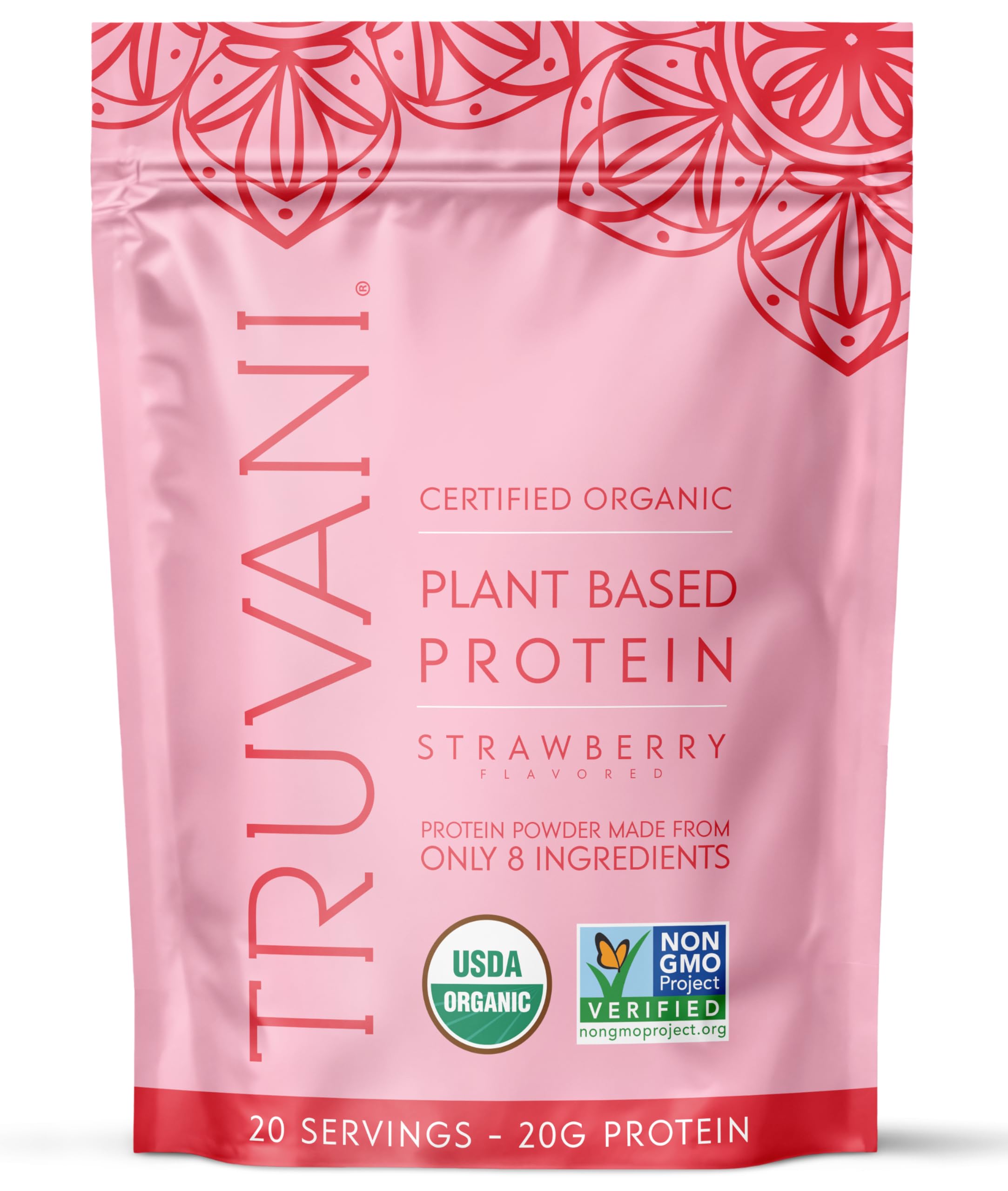 Truvani envase frontal fresa mostrando diseño y porciones
