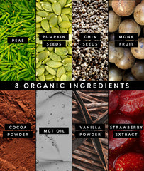 Ingredientes orgánicos Truvani guisante calabaza y chía enfatizando calidad natural