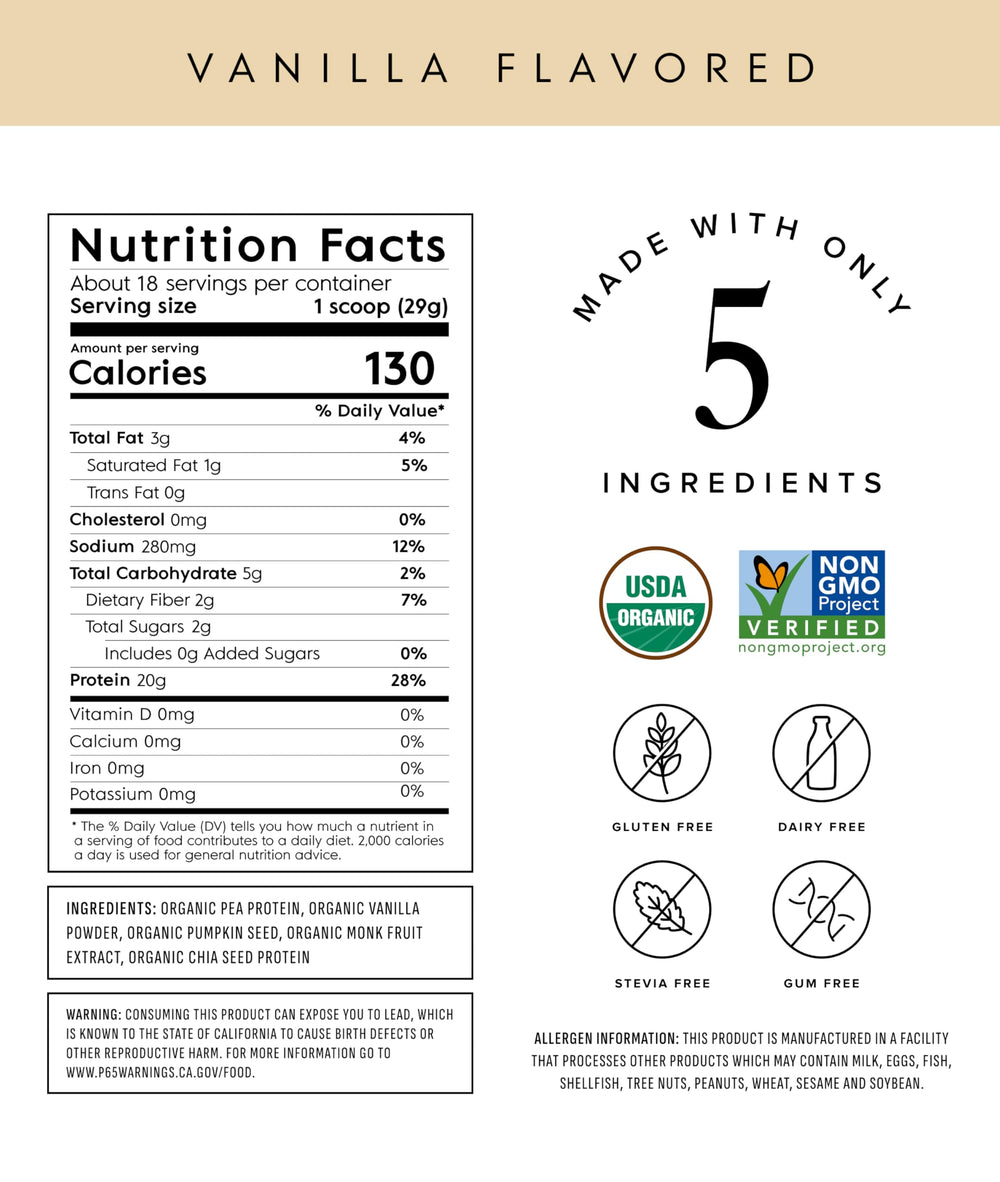 Truvani ingredientes secos (guisante, calabaza, chía) para perfil proteico