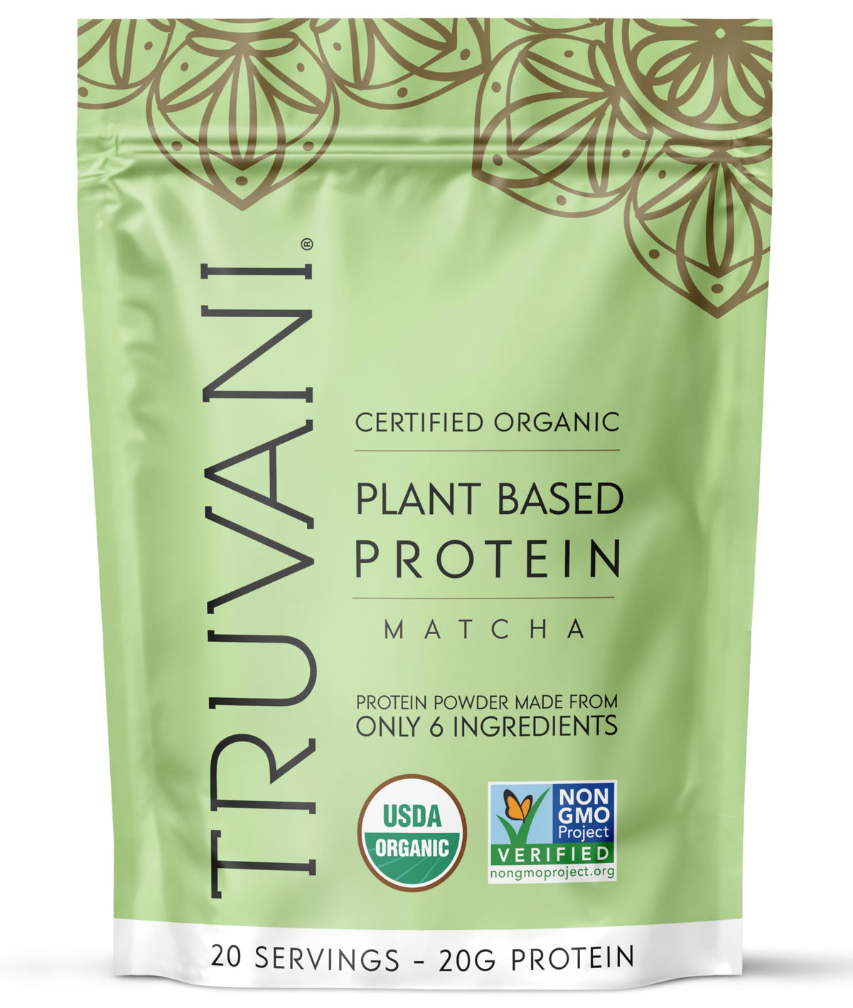 Truvani envase frontal matcha mostrando diseño y porciones