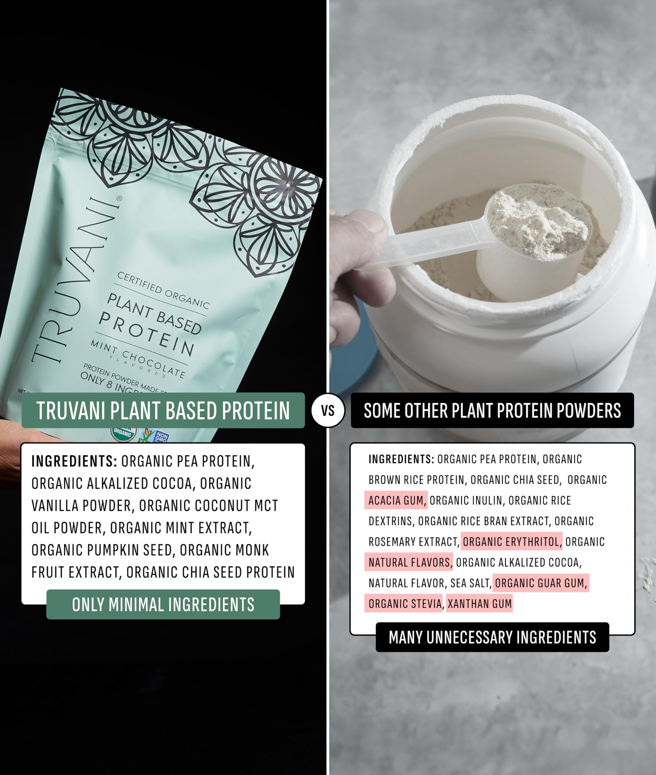 Etiqueta nutricional de Truvani destacando ingredientes orgánicos y sin aditivos