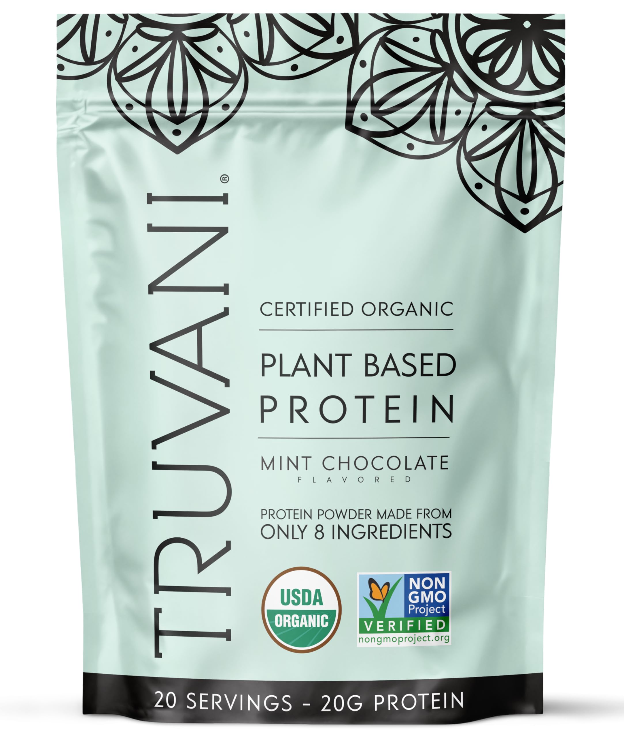 Truvani envase frontal mostrando sabor mint chocolate y beneficios limpios