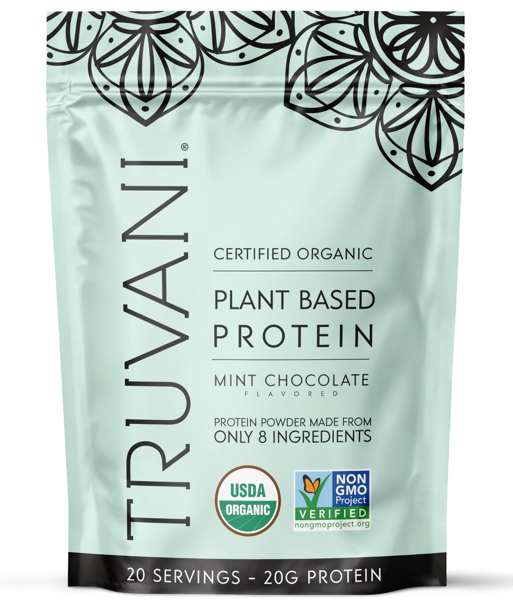 Truvani envase frontal mostrando sabor mint chocolate y beneficios limpios