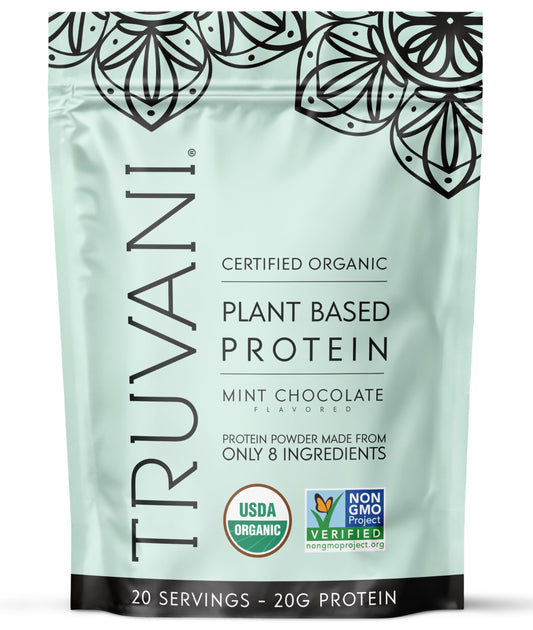 Truvani envase frontal mostrando sabor mint chocolate y beneficios limpios