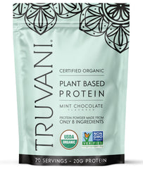 Truvani envase frontal mostrando sabor mint chocolate y beneficios limpios