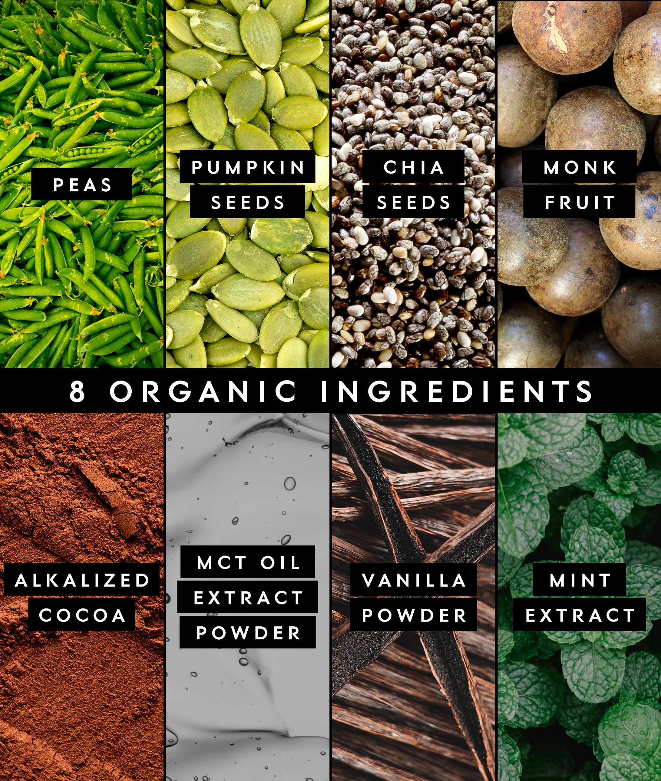 Ingredientes orgánicos de Truvani: guisante, calabaza y chía en presentación natural