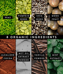 Ingredientes orgánicos de Truvani: guisante, calabaza y chía en presentación natural