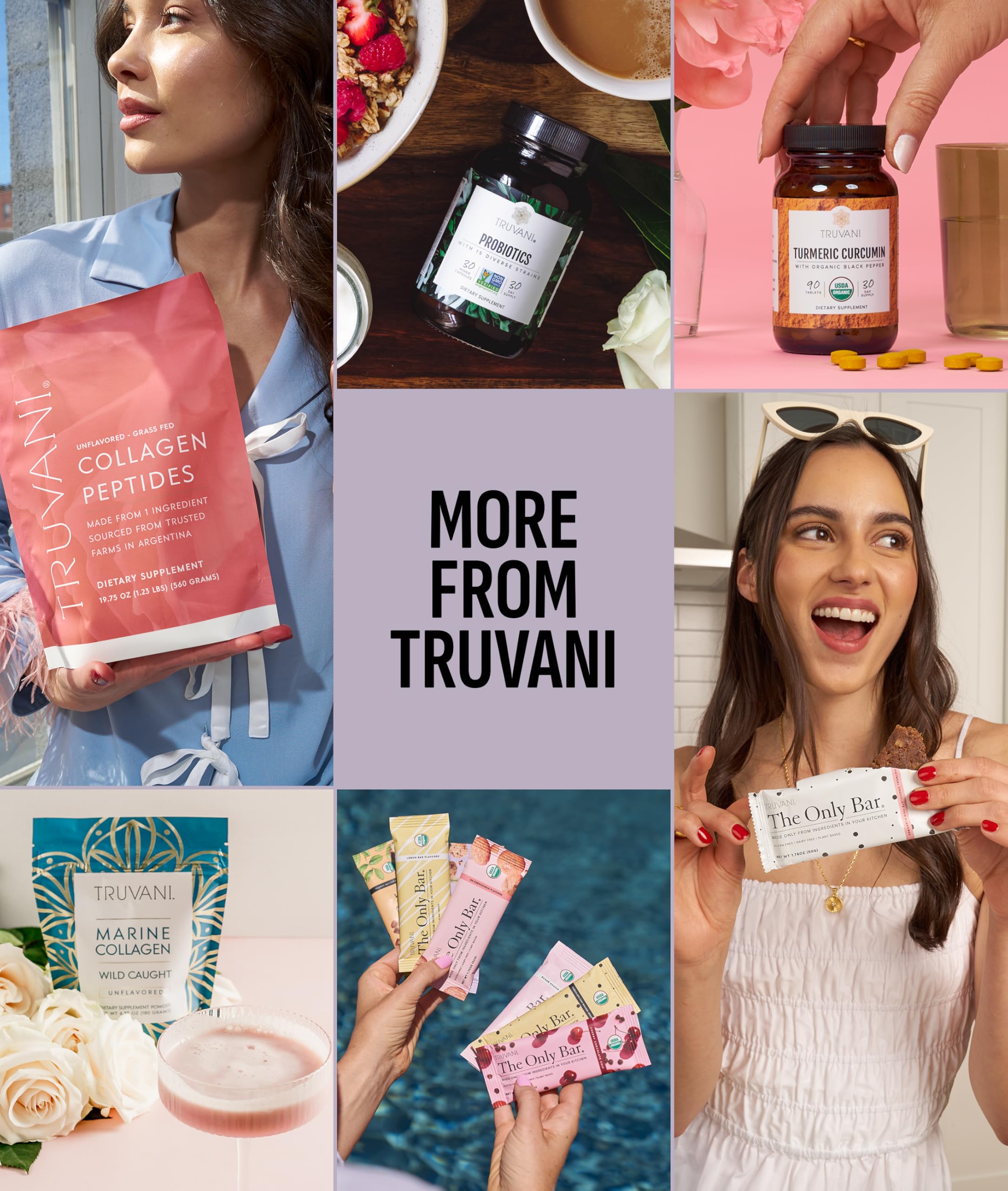 Truvani comparación de tamaño del envase junto a fruta para referencia de porciones