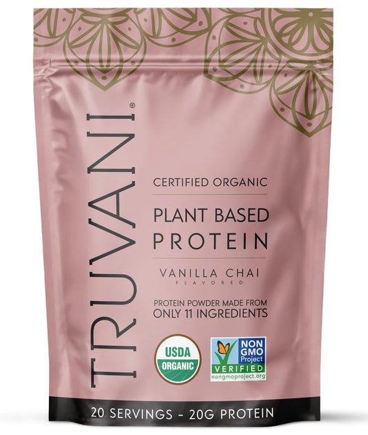 Truvani envase frontal mostrando sabor vainilla chai y beneficios orgánicos