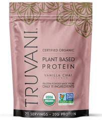 Truvani envase frontal mostrando sabor vainilla chai y beneficios orgánicos