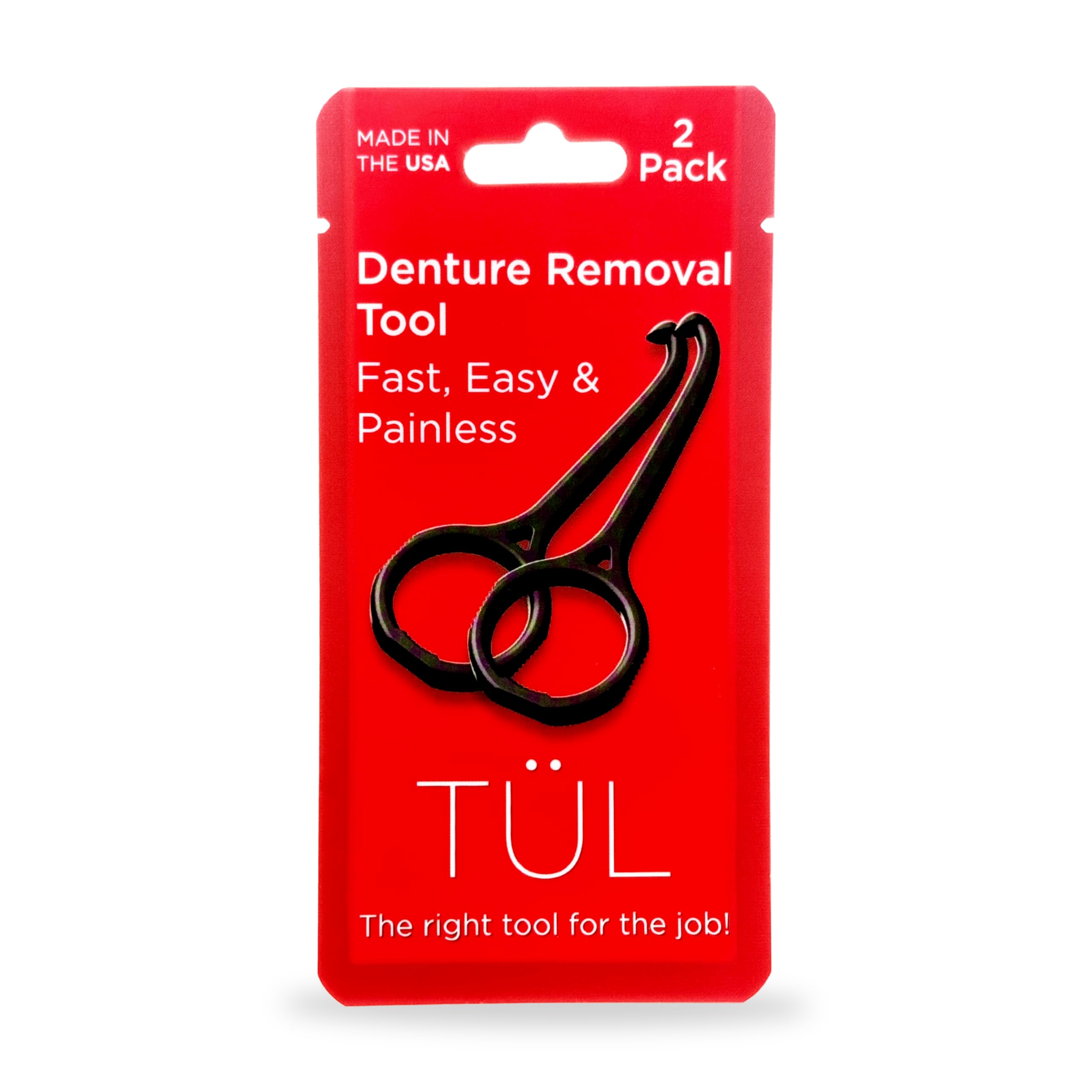TÜL removedor dentaduras frontal mostrando paquete negro y beneficio de uso fácil