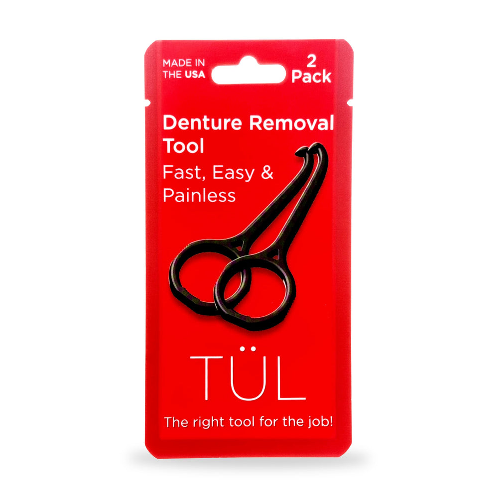 TÜL removedor dentaduras frontal mostrando paquete negro y beneficio de uso fácil