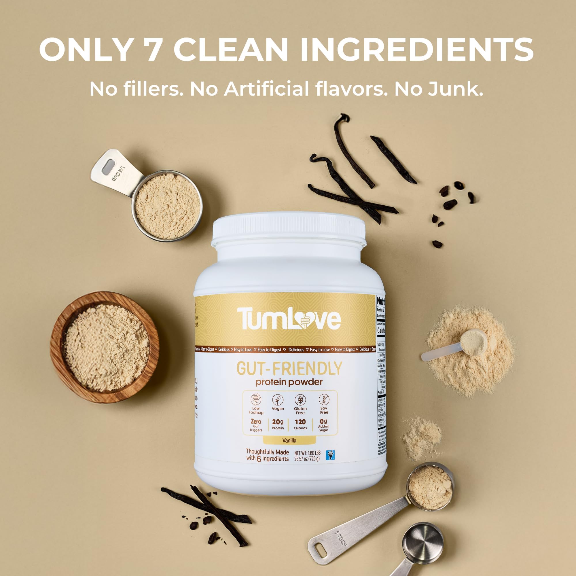 Cucharada medidora con TumLove indicando 20 g de proteína por porción