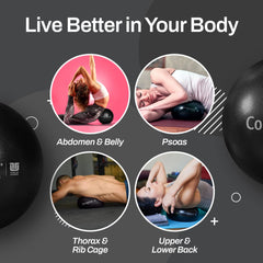 Tune Up Fitness pelota en uso apoyada en lumbar para movilidad y alivio post-entrenamiento