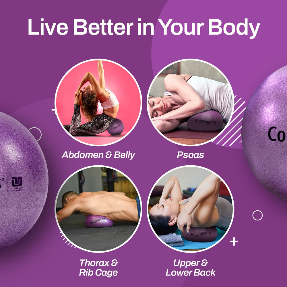 Tune Up Fitness bola en uso bajo abdomen durante auto-masaje, favorece relajación y movilidad