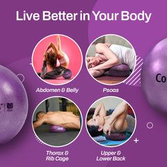 Tune Up Fitness bola en uso bajo abdomen durante auto-masaje, favorece relajación y movilidad