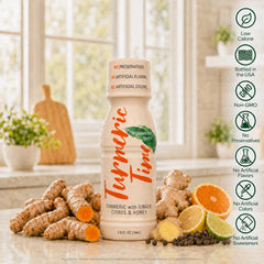 Turmeric Time primer plano de ampolla mostrando textura y color natural
