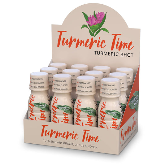Turmeric Time envase frontal del pack 12 y vista del diseño informativo