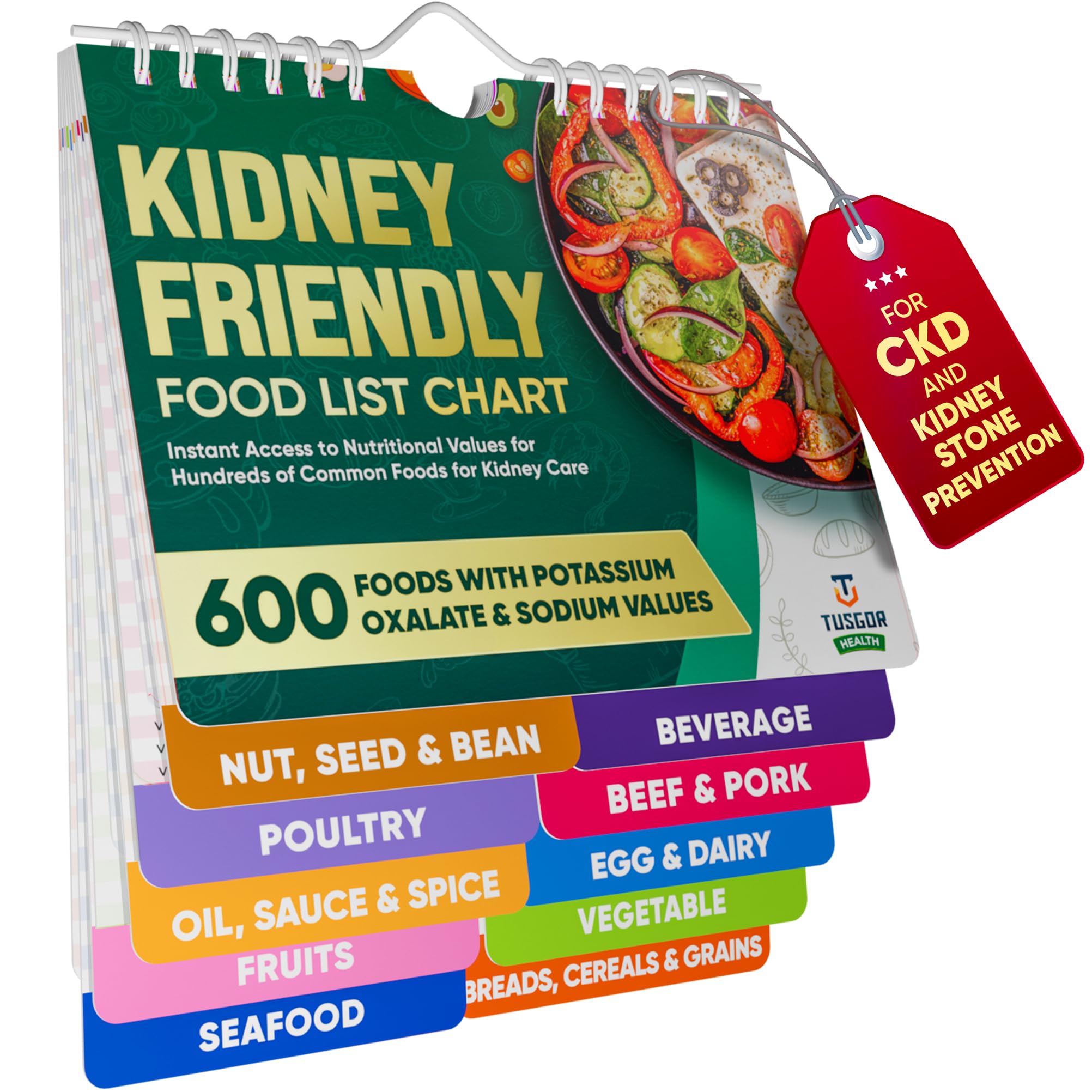 TUSGOR vista frontal de la carta alimentaria renal, referencia rápida en cocina