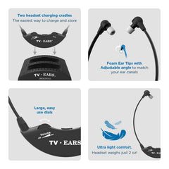 TV Ears base de carga con dos auriculares lista para recargar rápidamente