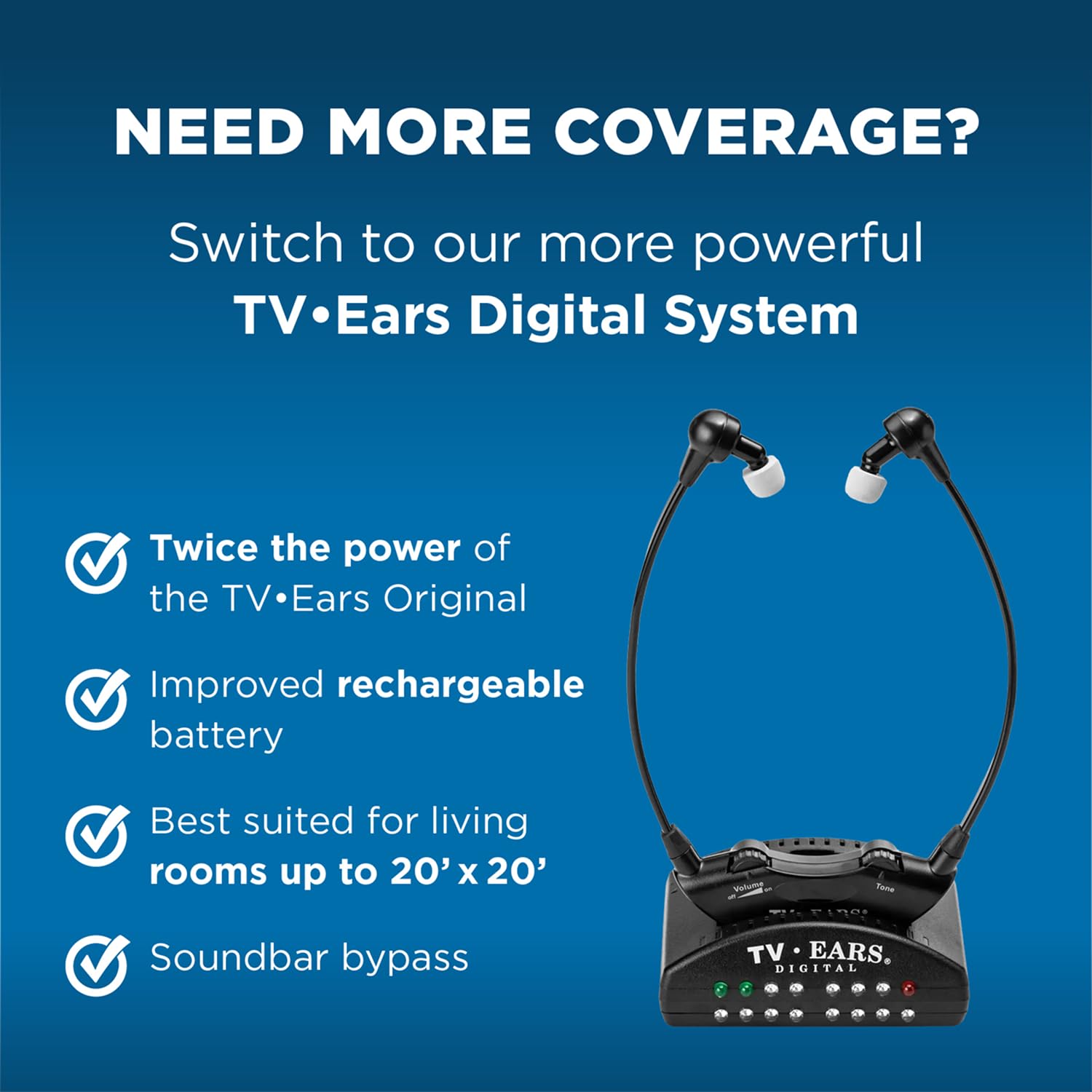 TV Ears comparación de tamaño con una mano para mostrar su ligereza y comodidad