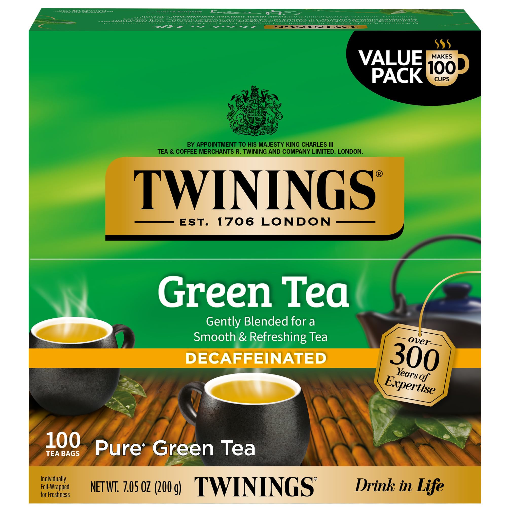 Twinings caja frontal que muestra 100 bolsitas y beneficios de frescura