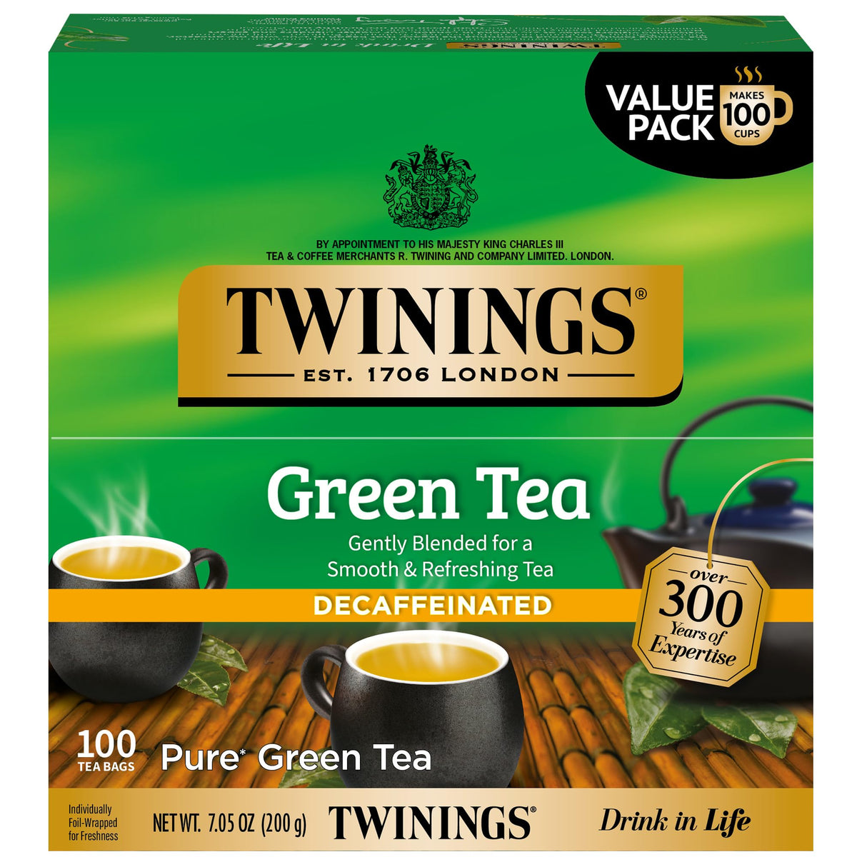 Twinings caja frontal que muestra 100 bolsitas y beneficios de frescura