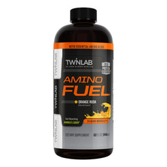 Twinlab Amino Fuel vista frontal botella Orange Rush y beneficio energético