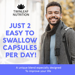 TWINLEAF NUTRITION cápsula en mano demostrando porte y uso diario práctico